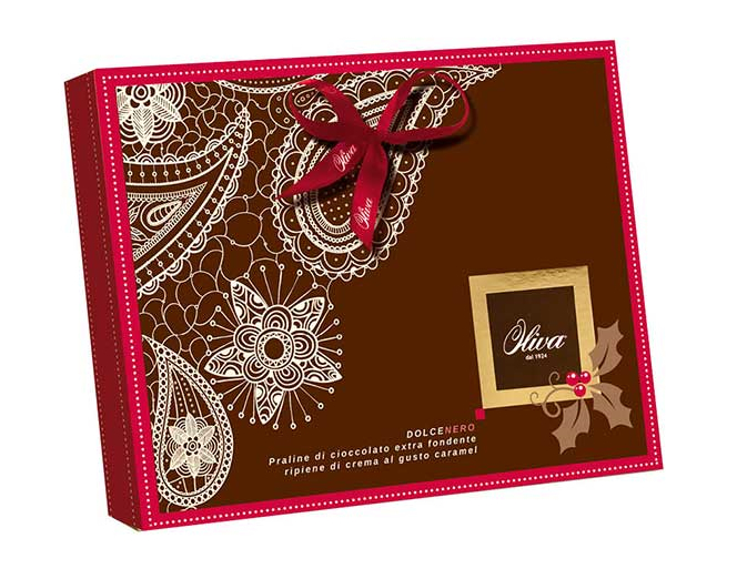 Bild av Chokladask Oliva - Praliner med mörk choklad och kolafyllning