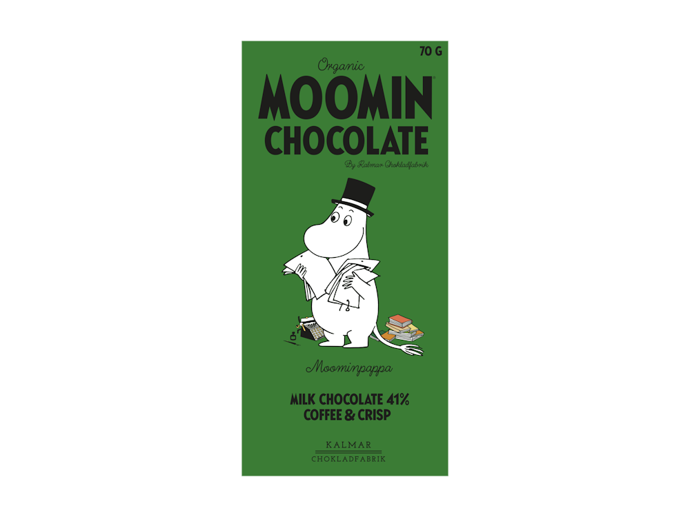 Organic Moomin Chocolate Moominpappa - Ljus choklad 41% med kaffe och krokant