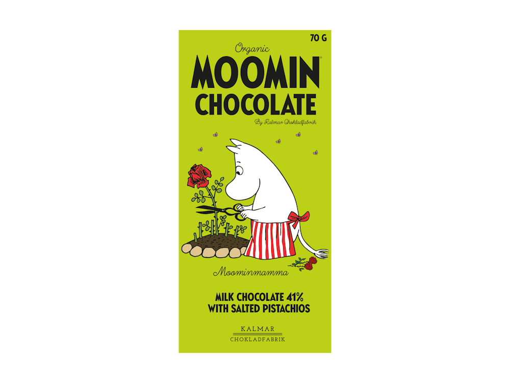 Organic Moomin Chocolate Moominmamma - Ljus choklad 41% med pistage &amp; salt