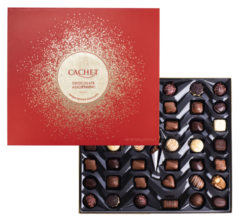 Röd Chokladask med skimrande mönster i guld från Cachet