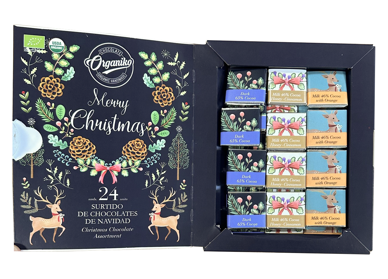 Merry Christmas Napolitans presentask med 24 minibitar i tre olika smaker Ekologisk